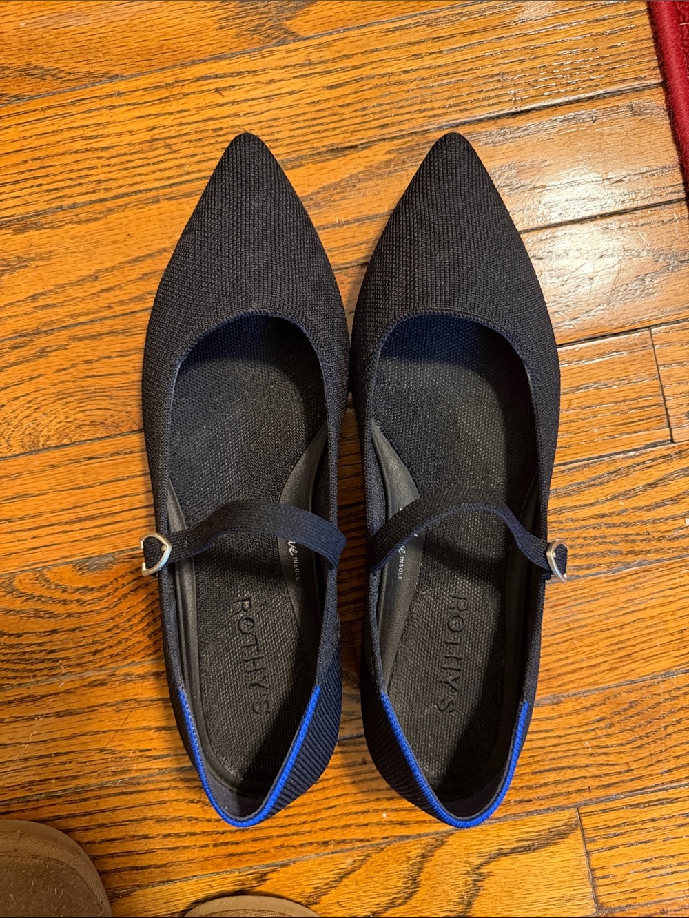 Rothy's Black Pointed Mary Jane Flats with Blue Trim